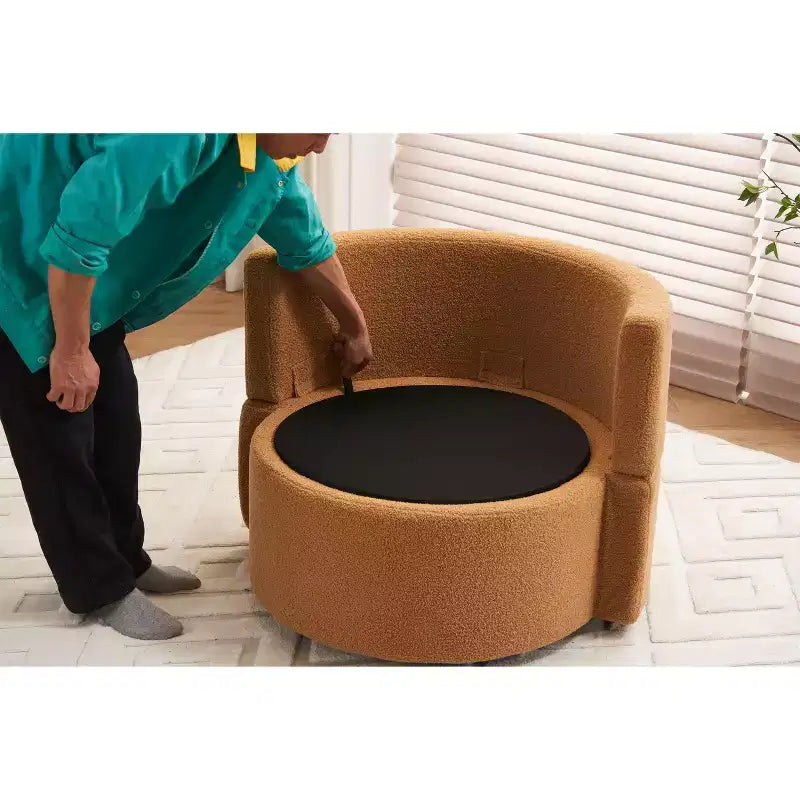 Fauteuil pivotant beige en tissu Teddy avec rangement, 1 place