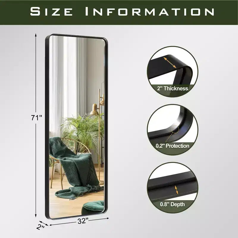 Miroir rectangulaire noir pleine longueur, à fixer au mur, 1 personne – 71" x 31"