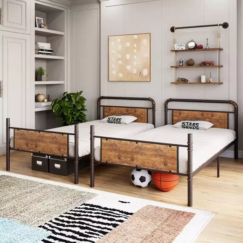 Lit superposé jumeau en métal noir/marron, convertible, 2 personnes