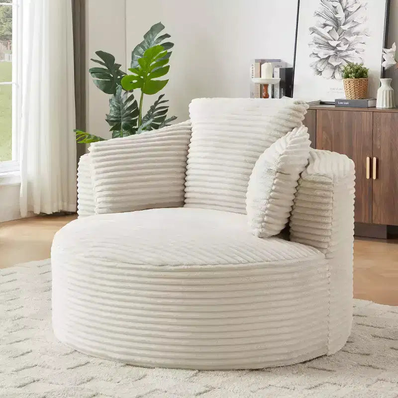 Fauteuil d'appoint rond en velours côtelé beige, dossier rembourré, une place