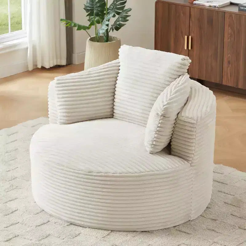 Fauteuil d'appoint rond en velours côtelé beige, dossier rembourré, une place