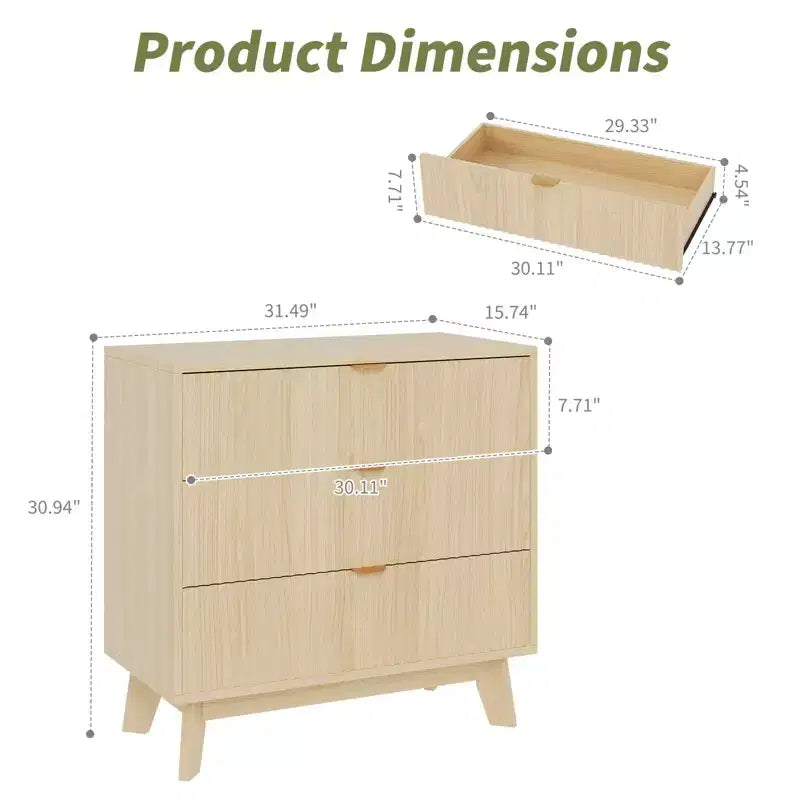 Commode cannelée en bois naturel à 3 tiroirs, pour une personne