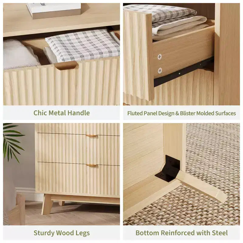 Commode cannelée en bois naturel à 3 tiroirs, pour une personne