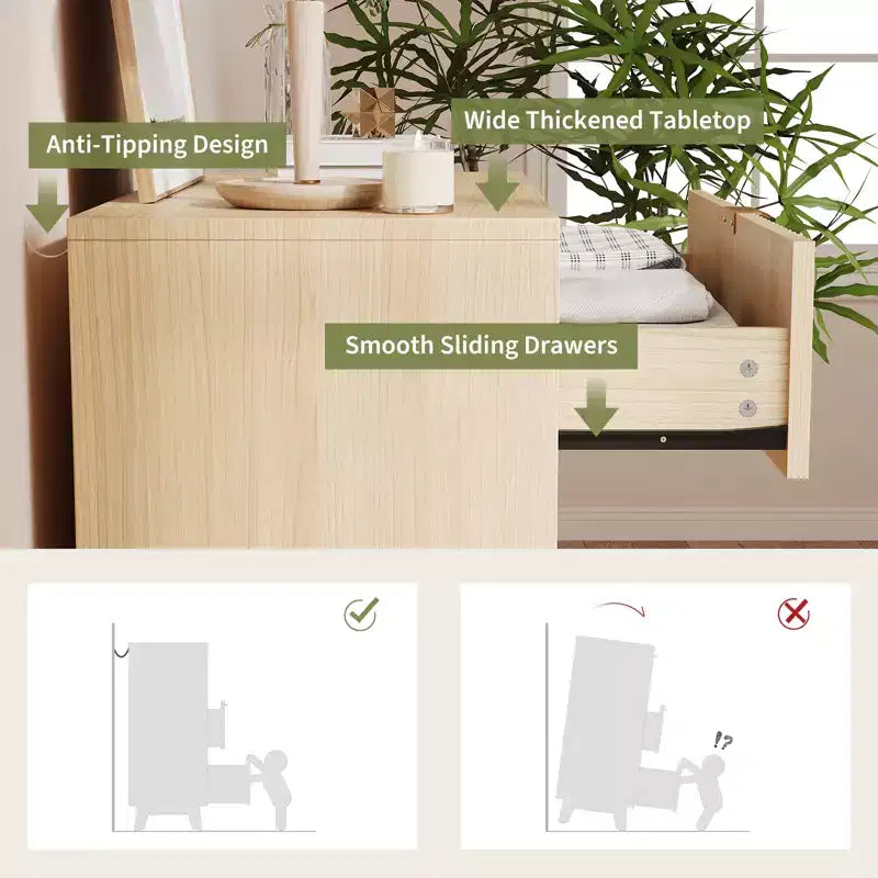 Commode cannelée en bois naturel à 3 tiroirs, pour une personne