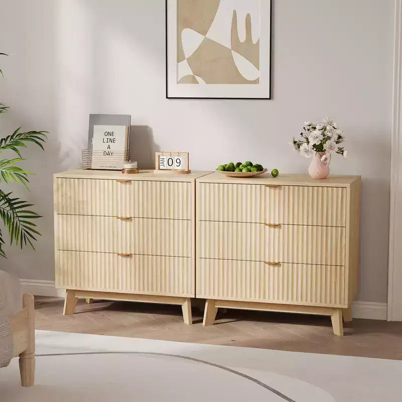 Commode cannelée en bois naturel à 3 tiroirs, pour une personne