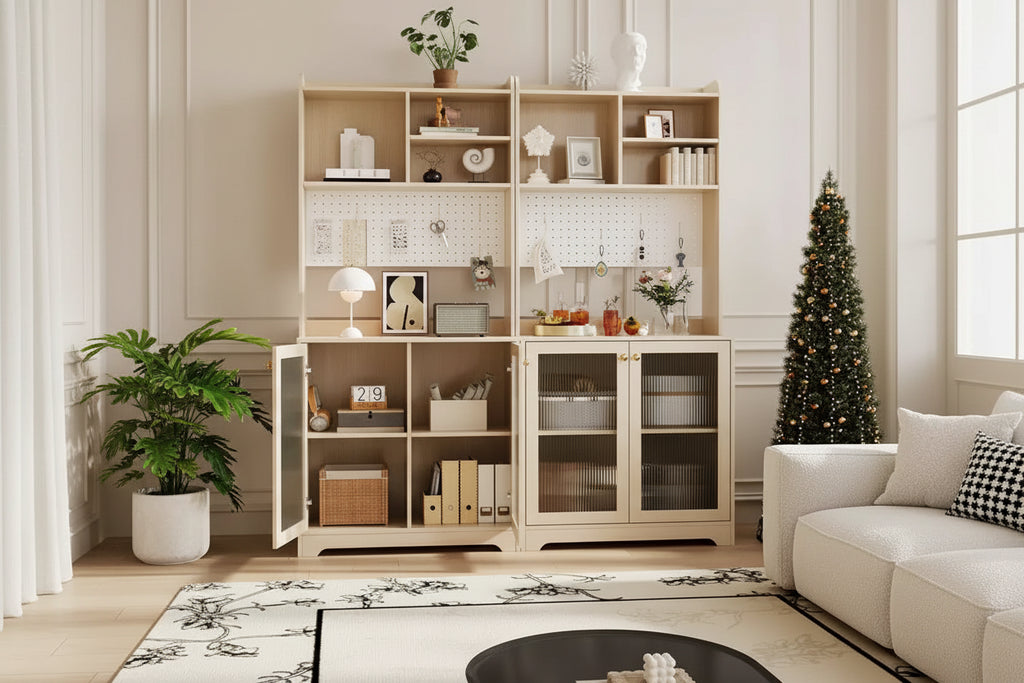 Bahut buffet blanc et bois naturel avec vaisselier, portes vitrées et panneau perforé