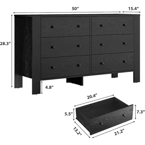 Commode noire à 6 tiroirs avec poignées en métal | Bois | Individuel
