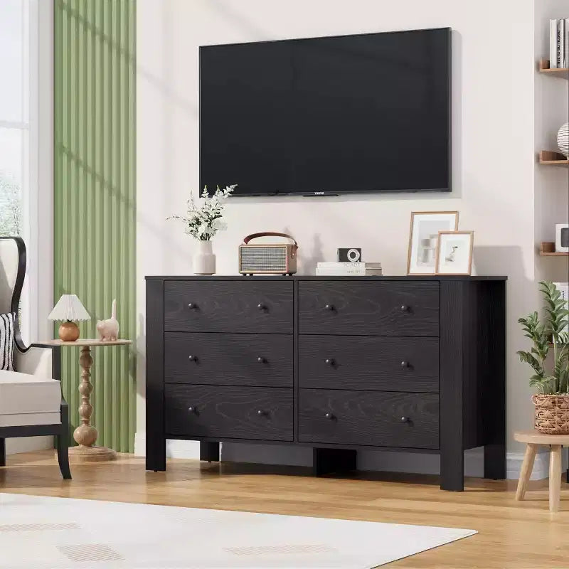 Commode noire à 6 tiroirs avec poignées en métal | Bois | Individuel