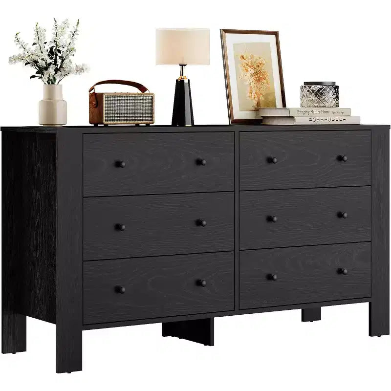 Commode noire à 6 tiroirs avec poignées en métal | Bois | Individuel