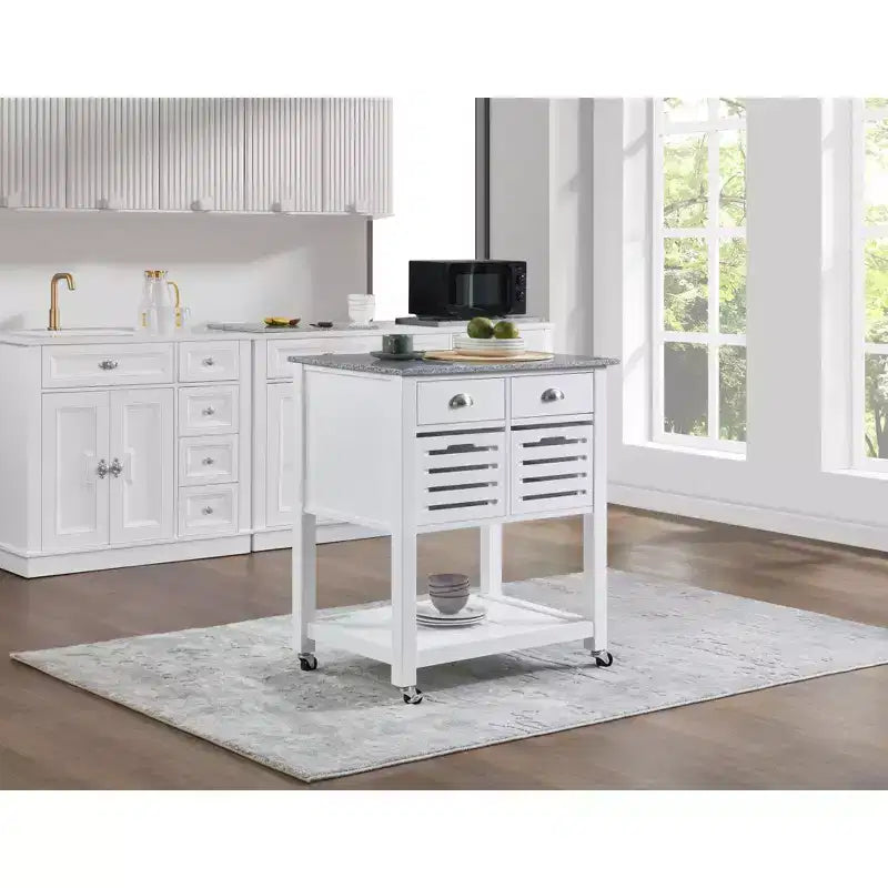 Desservant de cuisine roulant gris et blanc avec plateau en marbre – 1 personne