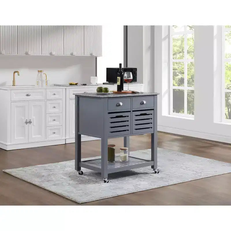 Desservant de cuisine roulant gris et blanc avec plateau en marbre – 1 personne