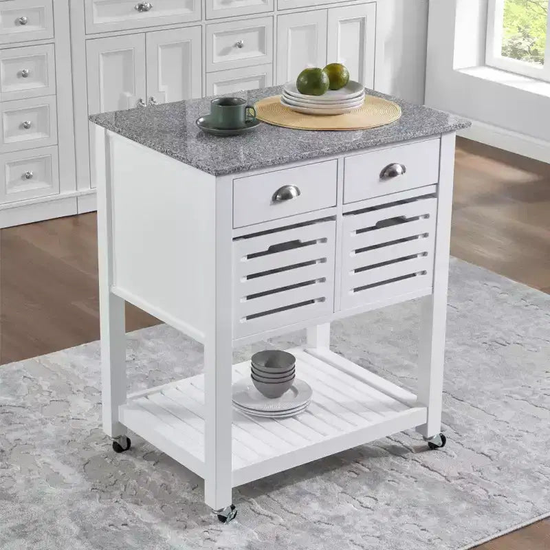 Desservant de cuisine roulant gris et blanc avec plateau en marbre – 1 personne