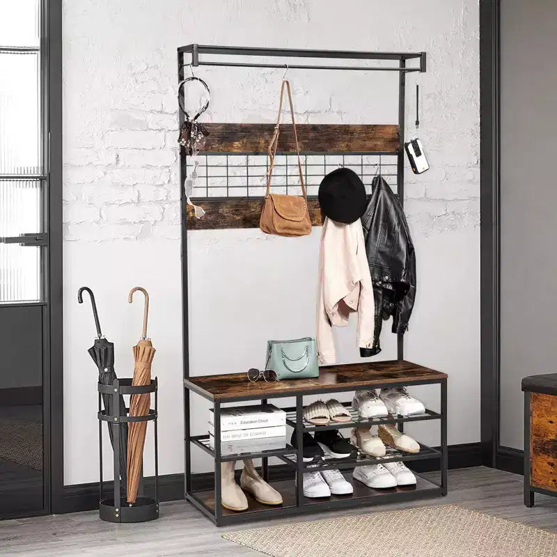 Arbre d'entrée marron et noir avec banc – Rangement de chaussures à 3 niveaux, 5 crochets, 1 personne