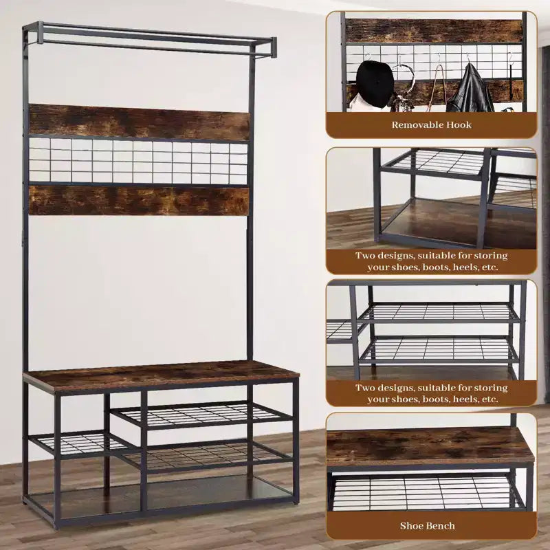 Arbre d'entrée marron et noir avec banc – Rangement de chaussures à 3 niveaux, 5 crochets, 1 personne