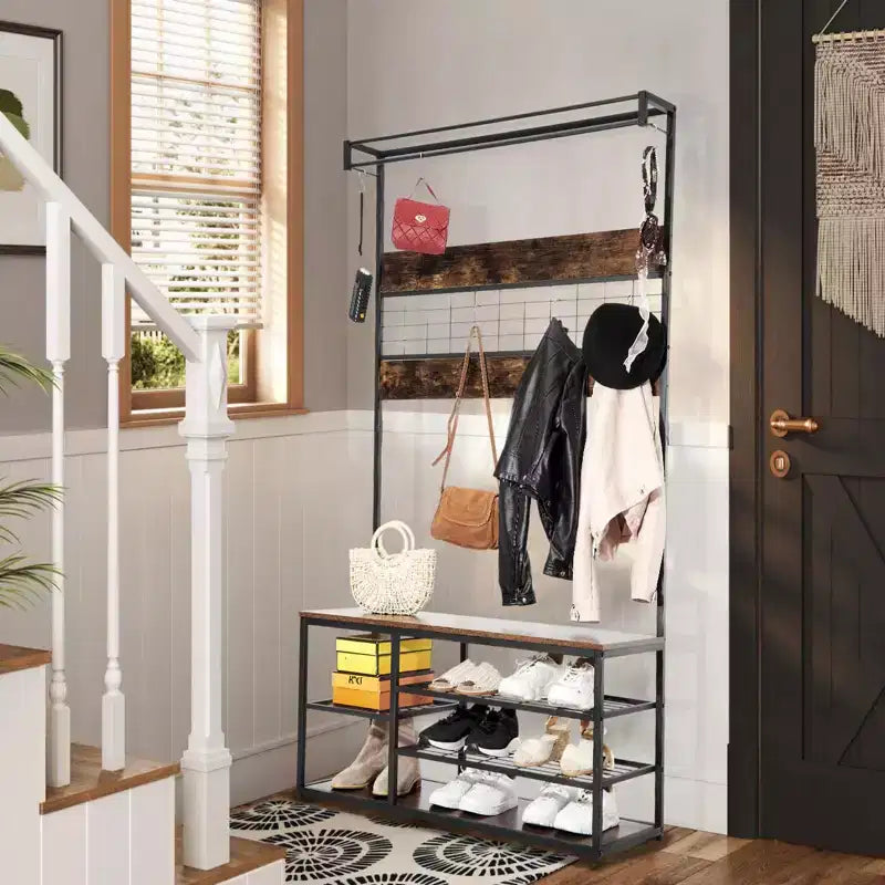 Arbre d'entrée marron et noir avec banc – Rangement de chaussures à 3 niveaux, 5 crochets, 1 personne