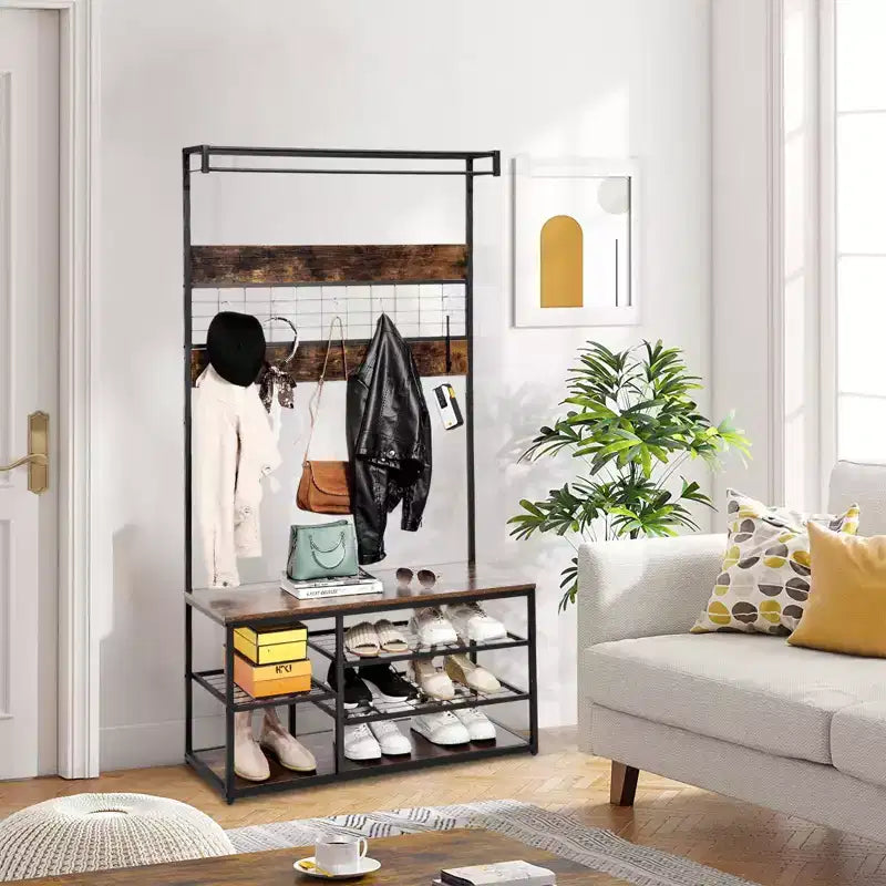 Arbre d'entrée marron et noir avec banc – Rangement de chaussures à 3 niveaux, 5 crochets, 1 personne