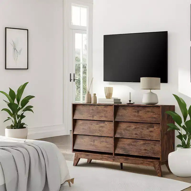 Commode noire à 6 tiroirs, style Mid-Century