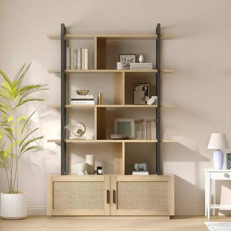 Bibliothèque à 5 étagères avec porte d'armoire – Noir/Couleur bois, industrielle, 180,6 cm de haut, 1 personne