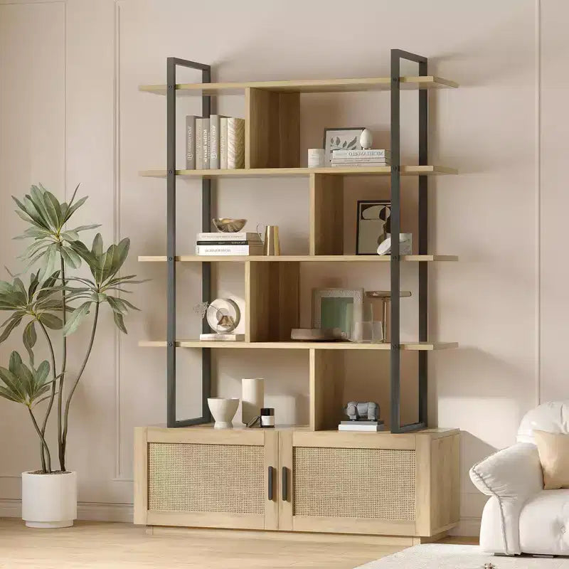Bibliothèque à 5 étagères avec porte d'armoire – Noir/Couleur bois, industrielle, 180,6 cm de haut, 1 personne