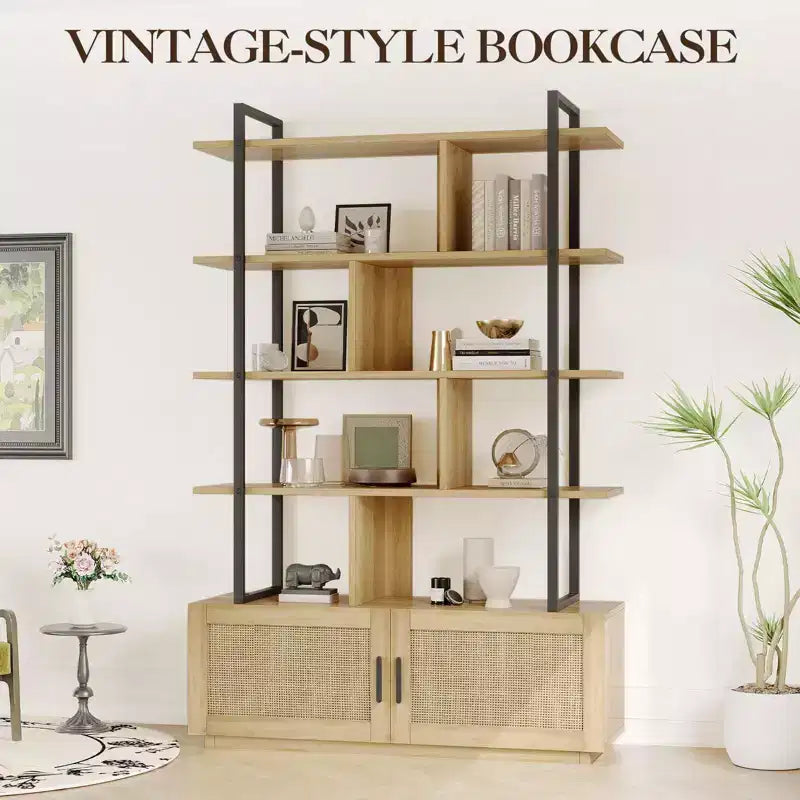 Bibliothèque à 5 étagères avec porte d'armoire – Noir/Couleur bois, industrielle, 180,6 cm de haut, 1 personne