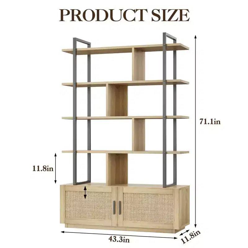 Bibliothèque à 5 étagères avec porte d'armoire – Noir/Couleur bois, industrielle, 180,6 cm de haut, 1 personne