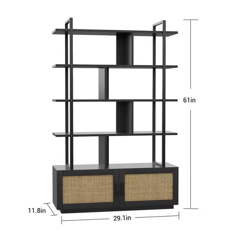 Bibliothèque à 5 étagères avec porte d'armoire – Noir/Couleur bois, industrielle, 180,6 cm de haut, 1 personne