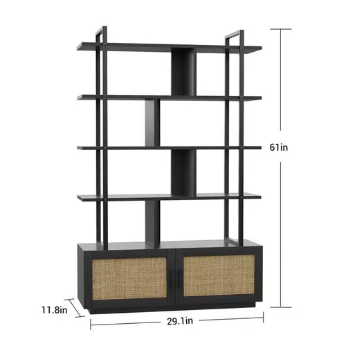 Bibliothèque à 5 étagères avec porte d'armoire – Noir/Couleur bois, industrielle, 180,6 cm de haut, 1 personne