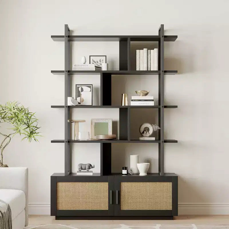 Bibliothèque à 5 étagères avec porte d'armoire – Noir/Couleur bois, industrielle, 180,6 cm de haut, 1 personne