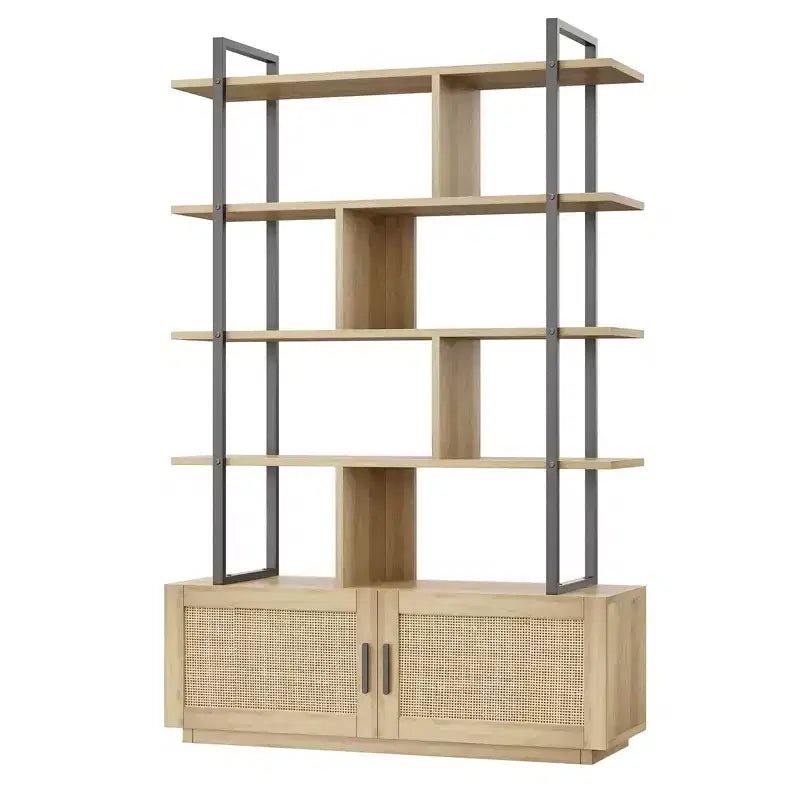 Bibliothèque à 5 étagères avec porte d'armoire – Noir/Couleur bois, industrielle, 180,6 cm de haut, 1 personne