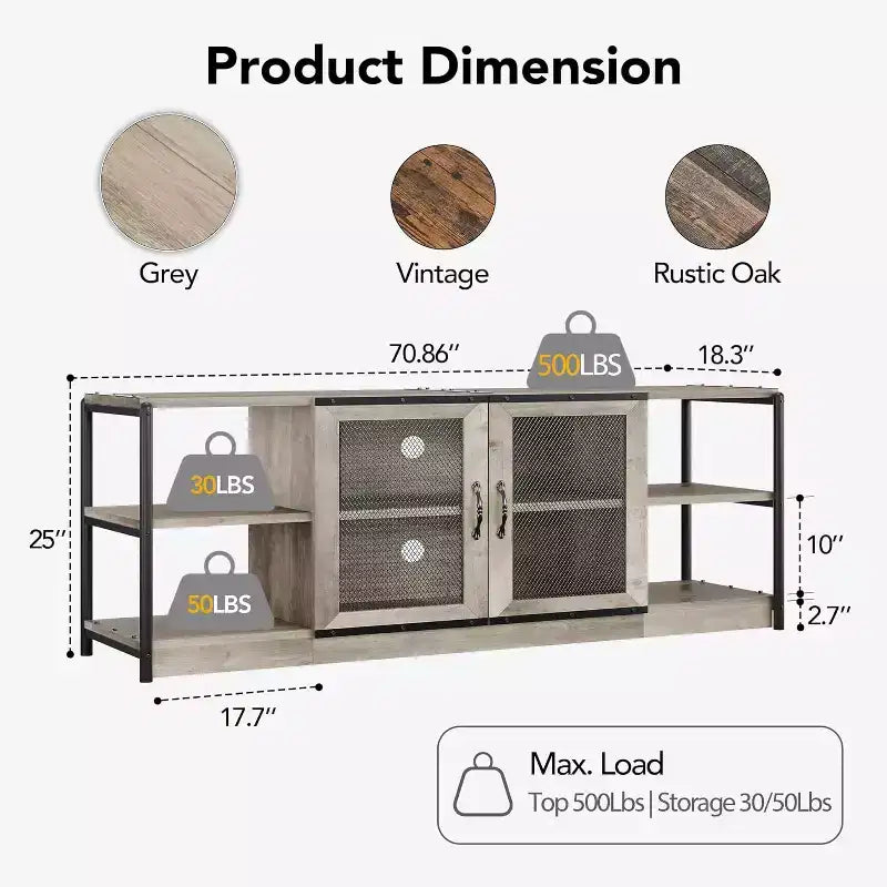 Meuble TV rustique marron, cadre en métal avec portes en maille, convient aux téléviseurs jusqu'à 80", 1 pièce