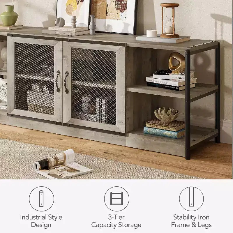 Meuble TV rustique marron, cadre en métal avec portes en maille, convient aux téléviseurs jusqu'à 80", 1 pièce