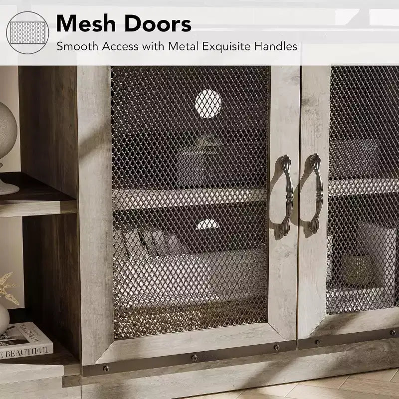 Meuble TV rustique marron, cadre en métal avec portes en maille, convient aux téléviseurs jusqu'à 80", 1 pièce