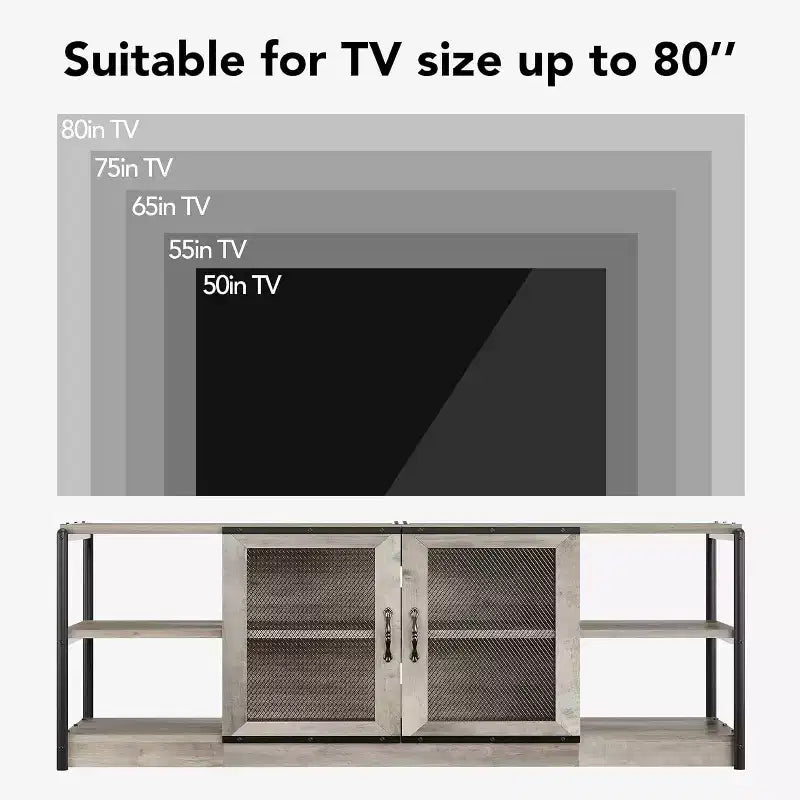 Meuble TV rustique marron, cadre en métal avec portes en maille, convient aux téléviseurs jusqu'à 80", 1 pièce