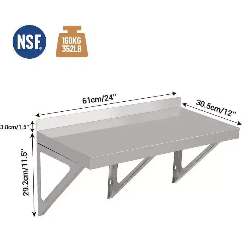 Étagère murale en acier inoxydable argenté avec dosseret, support de rangement mural à un niveau