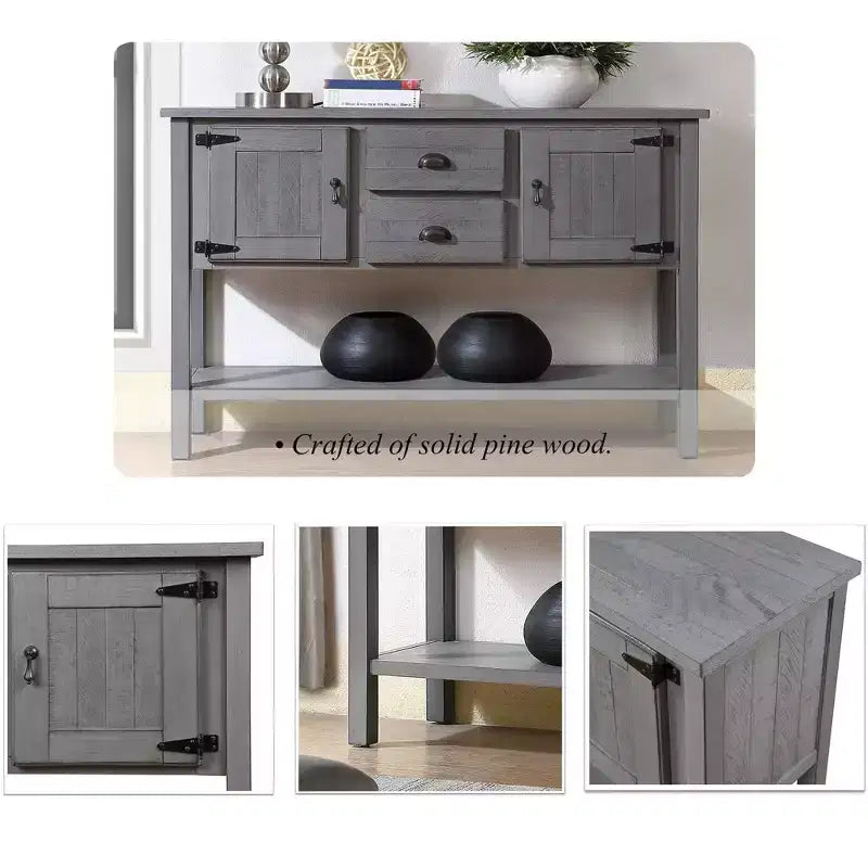 Table console grise de style ferme avec 2 tiroirs et 2 armoires, assemblage par 1 personne