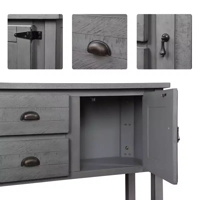 Table console grise de style ferme avec 2 tiroirs et 2 armoires, assemblage par 1 personne