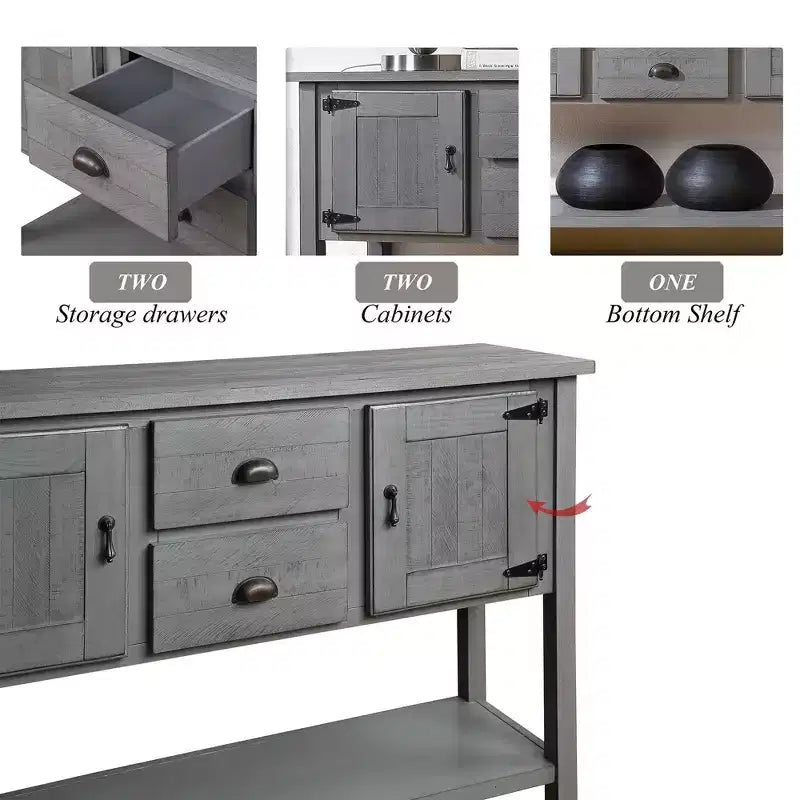 Table console grise de style ferme avec 2 tiroirs et 2 armoires, assemblage par 1 personne