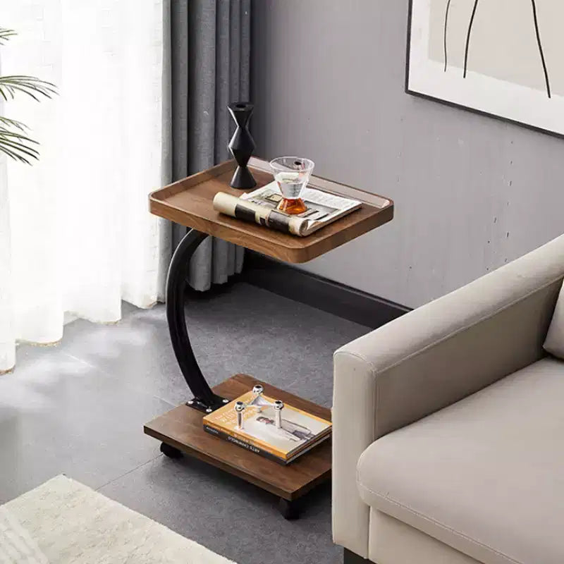 Table d'appoint en forme de C, Noyer / Blanc / Couleur Bois, Hauteur réglable, Rotation à 360°, Pour 1 personne