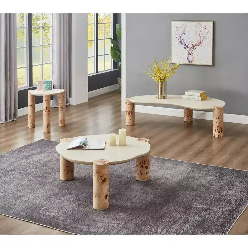 Table d'appoint ronde marron et beige, placage ronce, 1 pièce