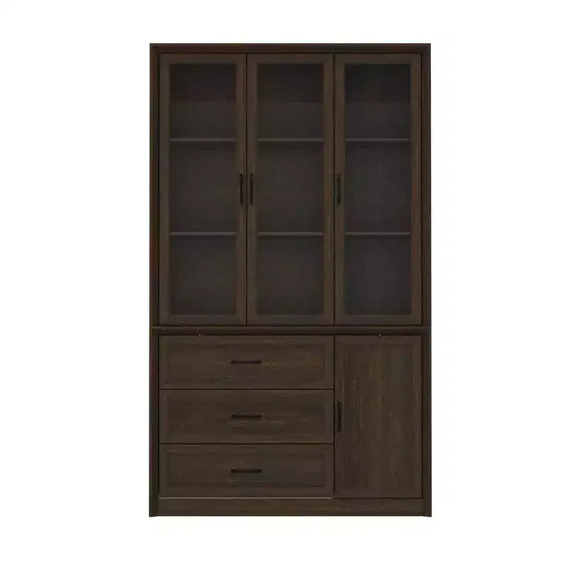 Vaisselier de cuisine marron/blanc avec portes vitrées – Armoire de rangement à 6 portes et 3 tiroirs, assemblage par 1 personne
