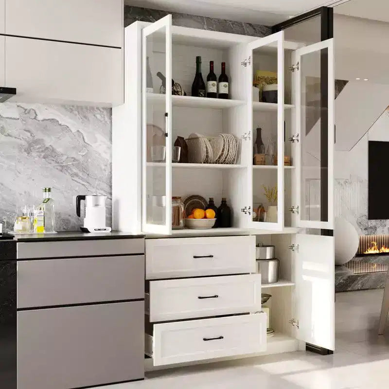 Vaisselier de cuisine marron/blanc avec portes vitrées – Armoire de rangement à 6 portes et 3 tiroirs, assemblage par 1 personne