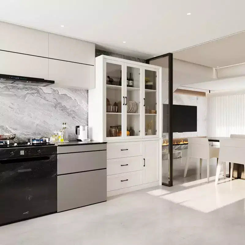 Vaisselier de cuisine marron/blanc avec portes vitrées – Armoire de rangement à 6 portes et 3 tiroirs, assemblage par 1 personne