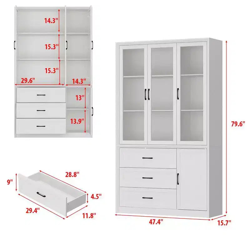 Vaisselier de cuisine marron/blanc avec portes vitrées – Armoire de rangement à 6 portes et 3 tiroirs, assemblage par 1 personne