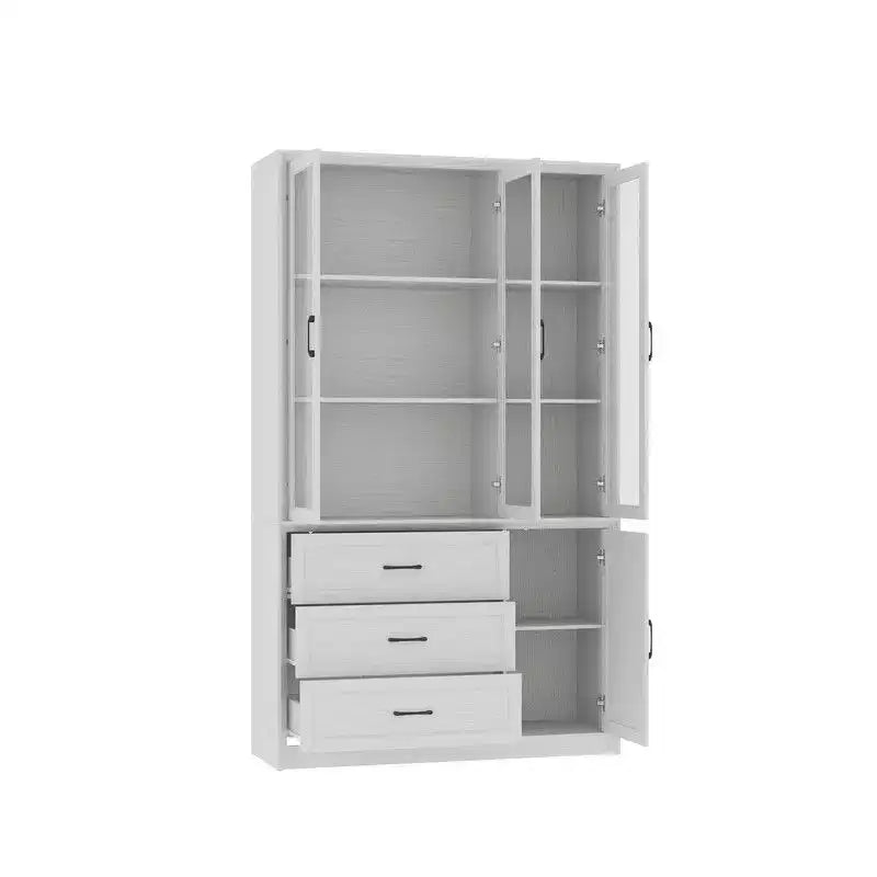 Vaisselier de cuisine marron/blanc avec portes vitrées – Armoire de rangement à 6 portes et 3 tiroirs, assemblage par 1 personne