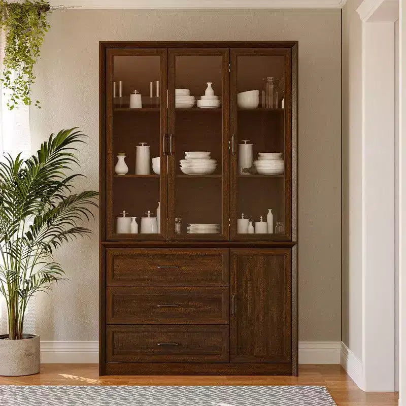 Vaisselier de cuisine marron/blanc avec portes vitrées – Armoire de rangement à 6 portes et 3 tiroirs, assemblage par 1 personne