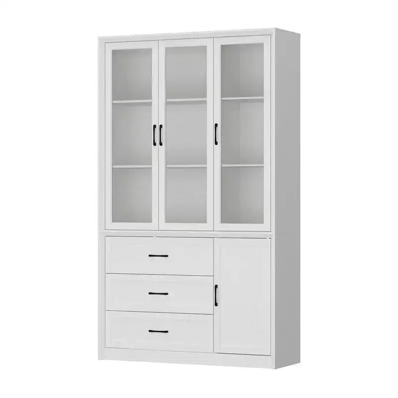 Vaisselier de cuisine marron/blanc avec portes vitrées – Armoire de rangement à 6 portes et 3 tiroirs, assemblage par 1 personne