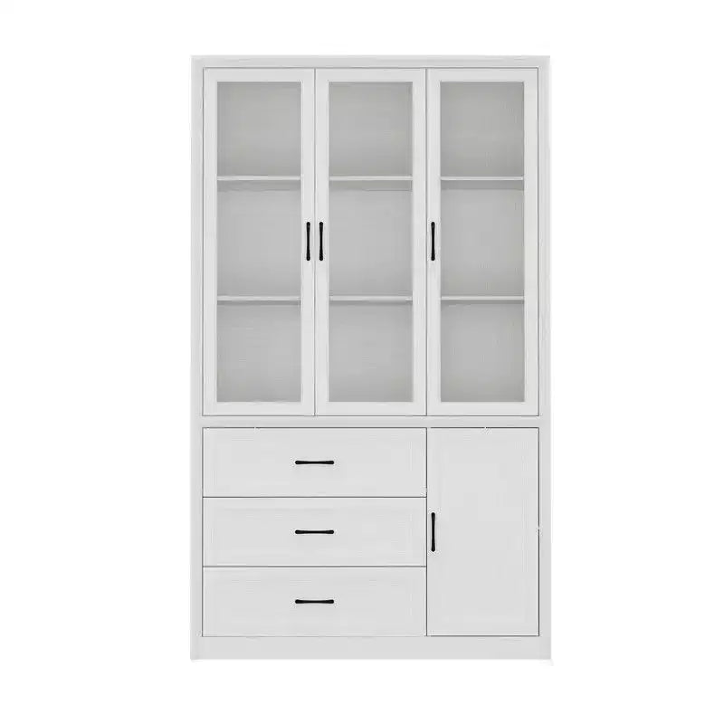 Vaisselier de cuisine marron/blanc avec portes vitrées – Armoire de rangement à 6 portes et 3 tiroirs, assemblage par 1 personne