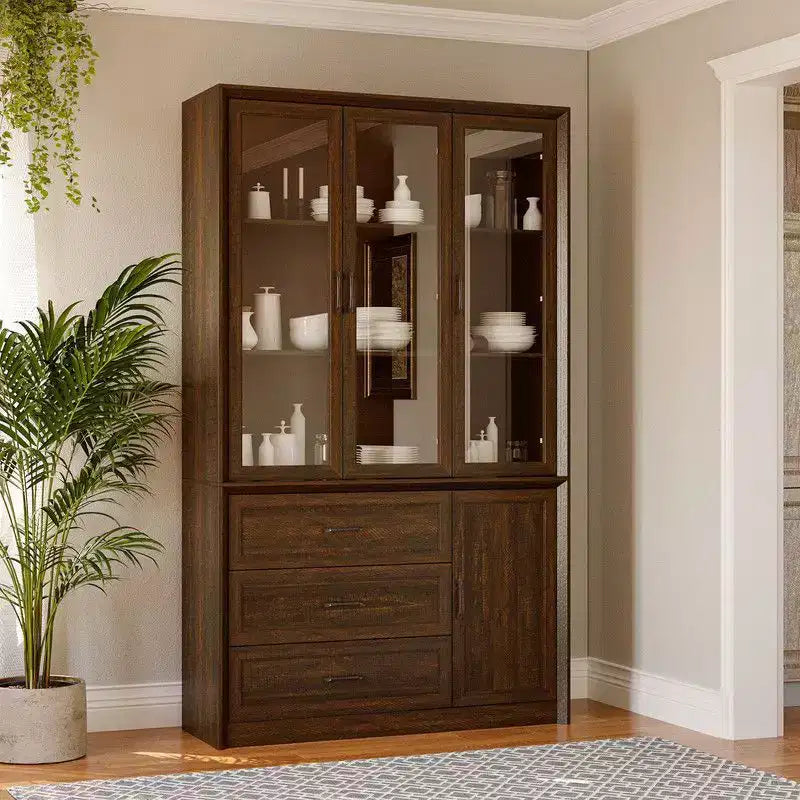 Vaisselier de cuisine marron/blanc avec portes vitrées – Armoire de rangement à 6 portes et 3 tiroirs, assemblage par 1 personne
