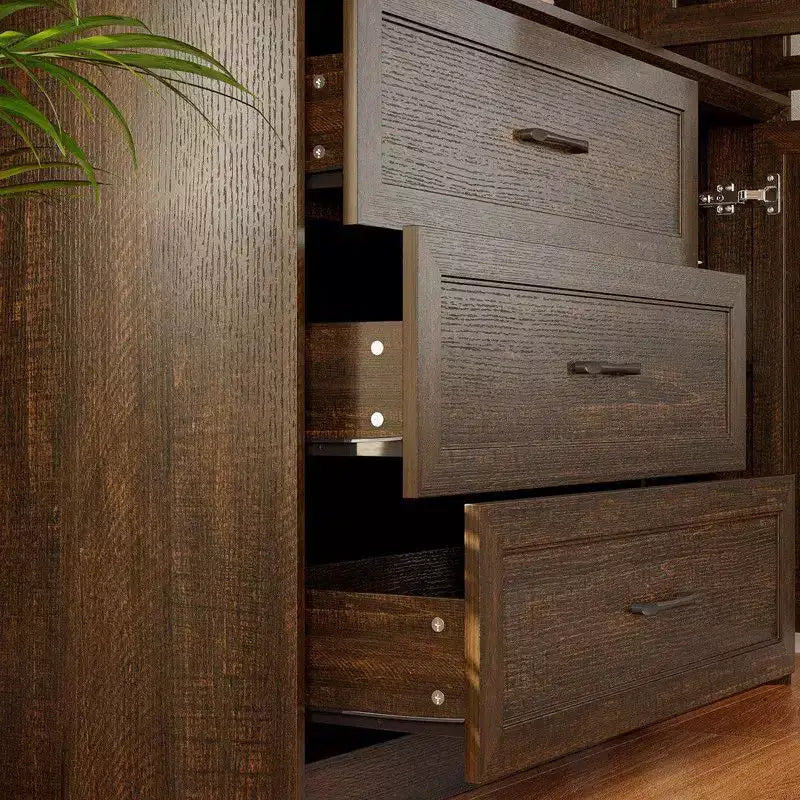Vaisselier de cuisine marron/blanc avec portes vitrées – Armoire de rangement à 6 portes et 3 tiroirs, assemblage par 1 personne