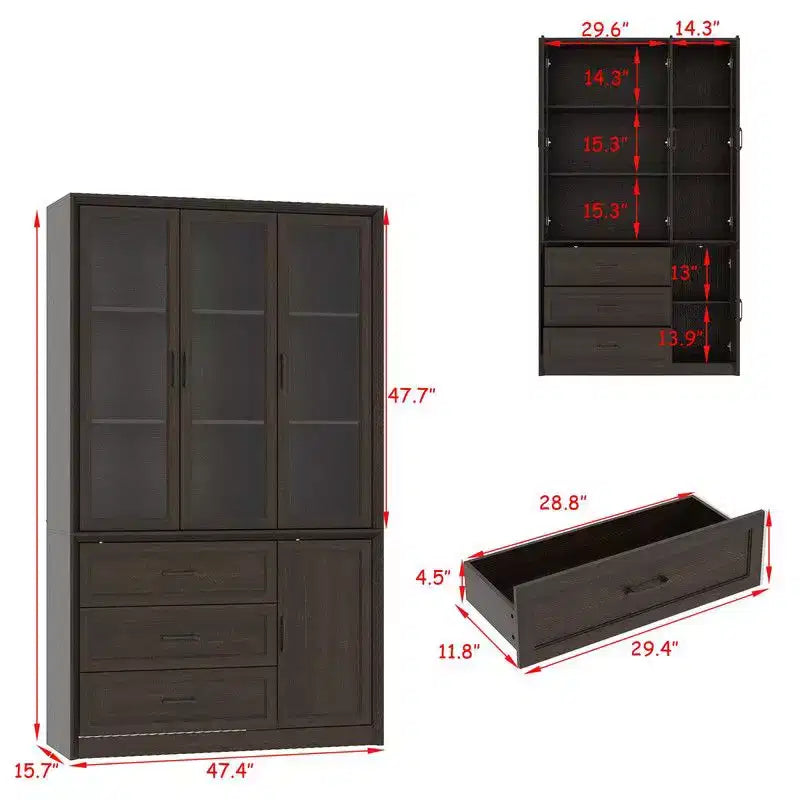Vaisselier de cuisine marron/blanc avec portes vitrées – Armoire de rangement à 6 portes et 3 tiroirs, assemblage par 1 personne
